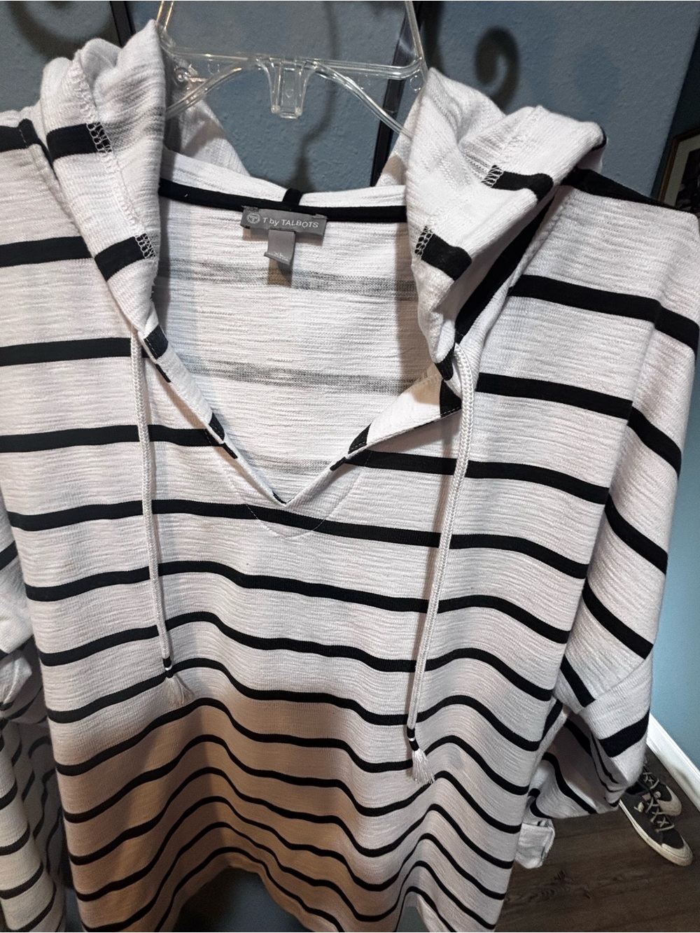T by Talbots White and Black Striped casual Top with Hood .